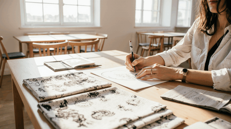 Nainen suunnittelee ja piirtää kuvioita tekstiilin kankaaseen