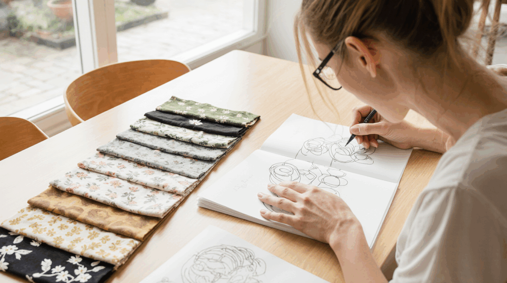 Suunnittelija piirtää kankaan kuvioita