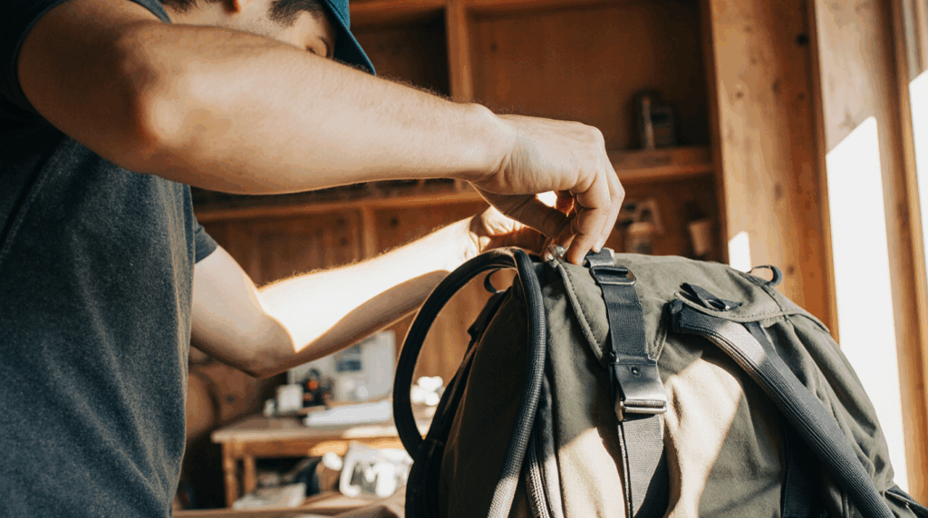 Henkilö huoltaa reppua