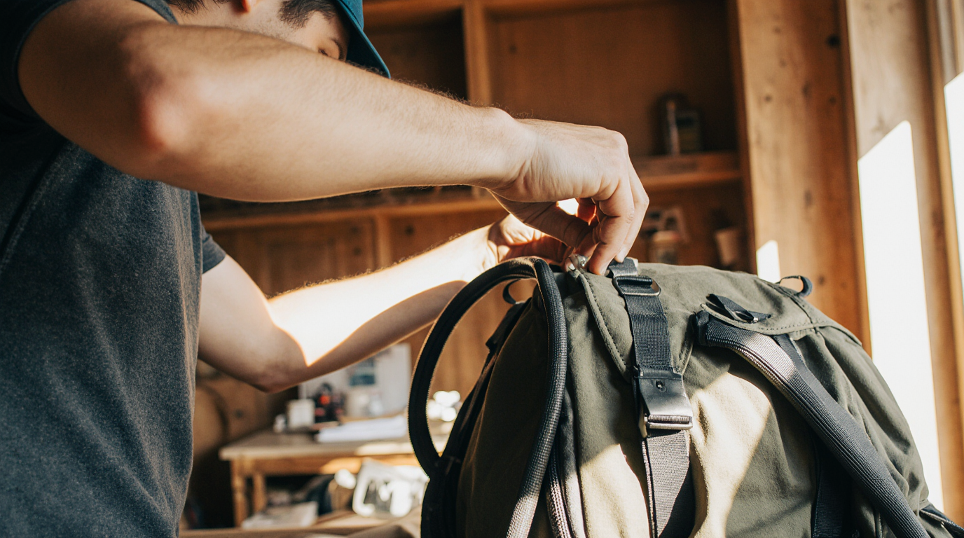 Henkilö huoltaa reppua