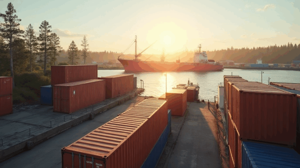 Kuvassa on laiva satamassa ja merikontteja